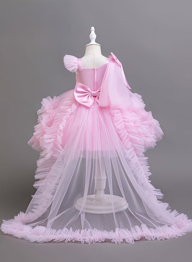 شبيلي فستان أميرة أنيق للبنات بأكمام كشكش وتنورة واسعة وردي من مزيج الفيسكوز الناعم لحفلات العيد والتصوير وهدية عيد ميلاد مع تاج ملكي فاخر - Image 3