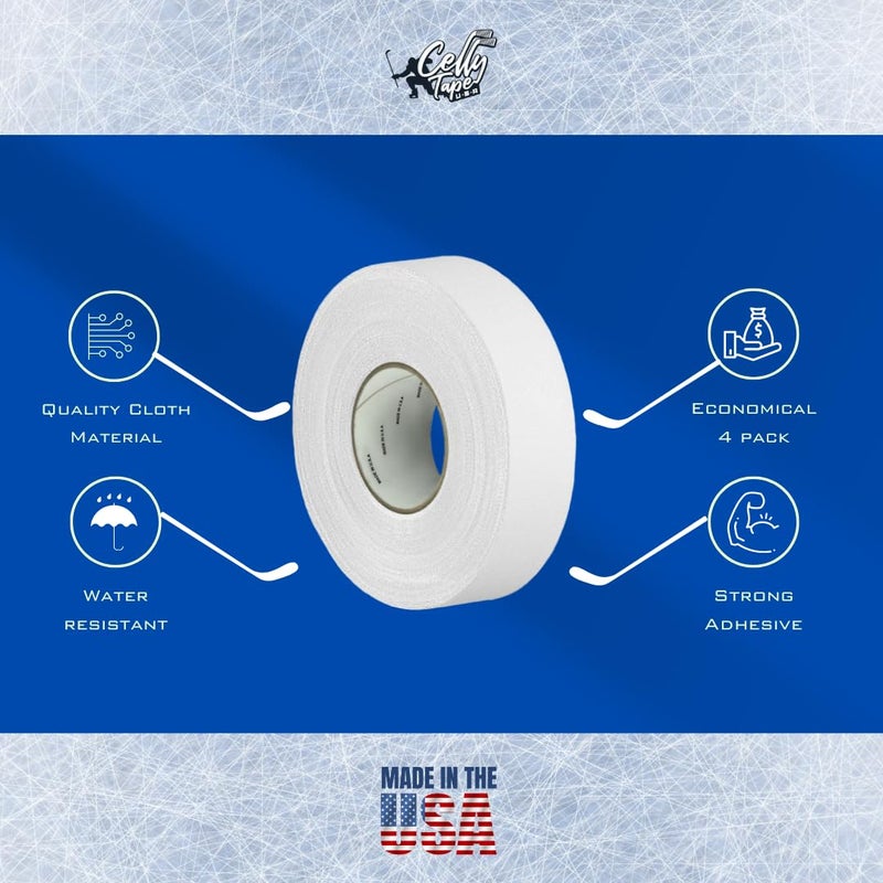CellyTape Hockey Stick Tape 4-Pack, Strong Adhesive for Ice and Roller Hockey Sticks, Baseball bat Tape, Lacrosse Sports Handle. Easy Tearing pro Tape Made in USA (White) - Image 3