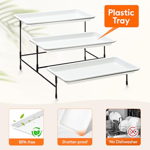 Lifewit 3 Tier Serving Tray, 12" x 6.5" White Plastic Tiered Food Serving Platters, Tiered Tray Stand for Party with Black Collapsible Metal Stand, Dessert Display Stands for Cookies, Crackers - Image 4