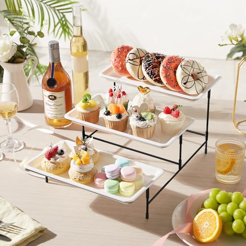 Lifewit 3 Tier Serving Tray, 12" x 6.5" White Plastic Tiered Food Serving Platters, Tiered Tray Stand for Party with Black Collapsible Metal Stand, Dessert Display Stands for Cookies, Crackers - Image 2