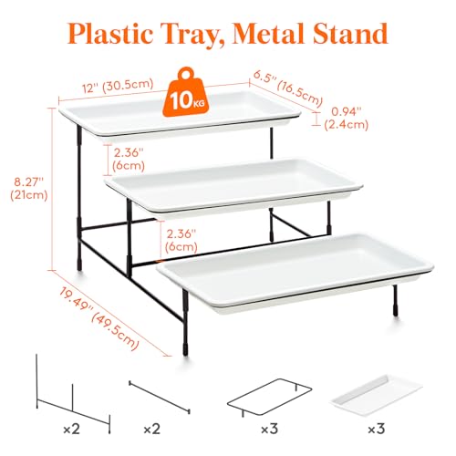 Lifewit 3 Tier Serving Tray, 12" x 6.5" White Plastic Tiered Food Serving Platters, Tiered Tray Stand for Party with Black Collapsible Metal Stand, Dessert Display Stands for Cookies, Crackers - Image 3