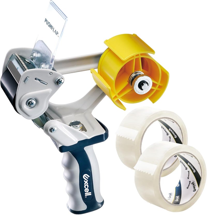 excell EXC-828PL PUSHFLAP Tape Dispenser (2 Inch Wide), Manual, Metal/Plastic, 3 Inch Core for Carton Sealing & Packing, Easy One-Hand Operation - 1 Set + 2 Rolls of Transparent Tape - Image 1