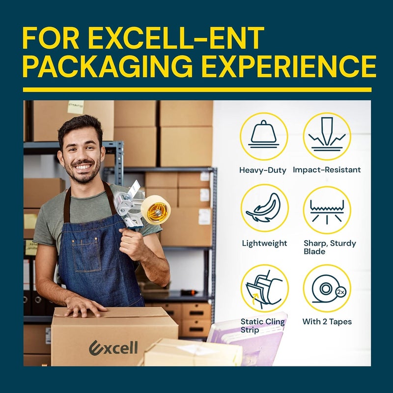 excell EXC-828PL PUSHFLAP Tape Dispenser (2 Inch Wide), Manual, Metal/Plastic, 3 Inch Core for Carton Sealing & Packing, Easy One-Hand Operation - 1 Set + 2 Rolls of Transparent Tape - Image 2
