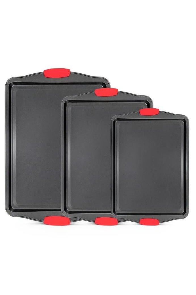 HOMESTAR 3pcs Set Of Carbon Steel Non Stick Kitchen Oven Baking Tray, Stylish And Non Stick Inside And Outside, Commercial Grade Restaurant Quality Metal Baking Tray With Red Silicone Handle, Baking Supplies, Kitchen Small Tools, Kitchen Accessories - Image 1