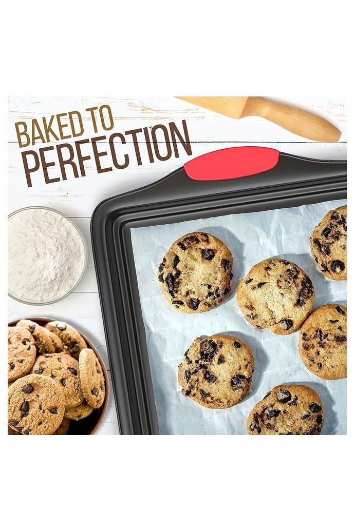 HOMESTAR 3pcs Set Of Carbon Steel Non Stick Kitchen Oven Baking Tray, Stylish And Non Stick Inside And Outside, Commercial Grade Restaurant Quality Metal Baking Tray With Red Silicone Handle, Baking Supplies, Kitchen Small Tools, Kitchen Accessories - Image 2