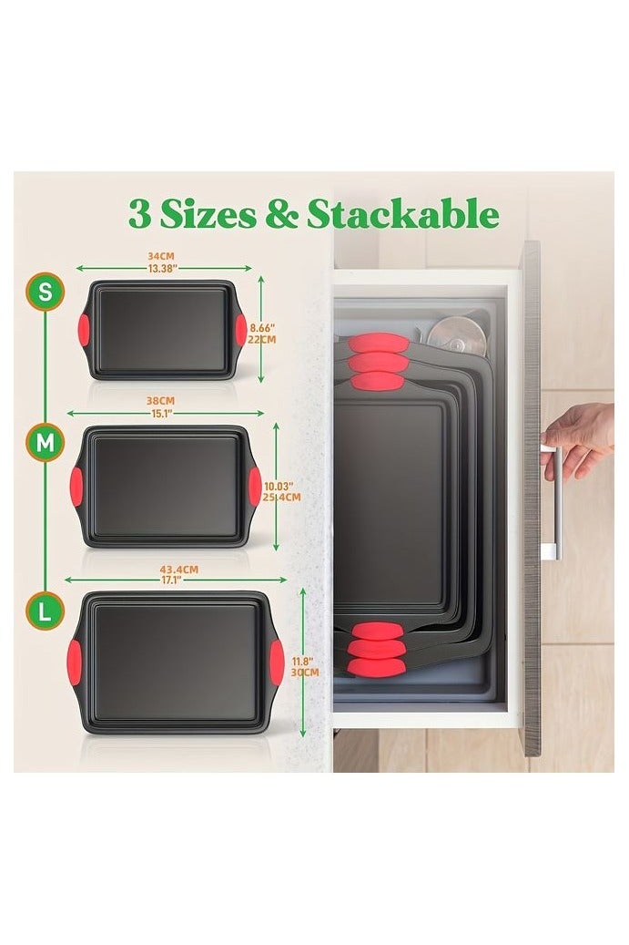 HOMESTAR 3pcs Set Of Carbon Steel Non Stick Kitchen Oven Baking Tray, Stylish And Non Stick Inside And Outside, Commercial Grade Restaurant Quality Metal Baking Tray With Red Silicone Handle, Baking Supplies, Kitchen Small Tools, Kitchen Accessories - Image 3