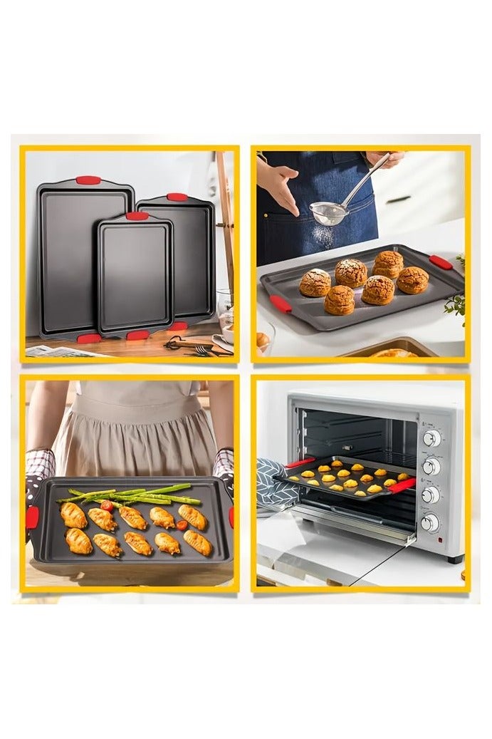 HOMESTAR 3pcs Set Of Carbon Steel Non Stick Kitchen Oven Baking Tray, Stylish And Non Stick Inside And Outside, Commercial Grade Restaurant Quality Metal Baking Tray With Red Silicone Handle, Baking Supplies, Kitchen Small Tools, Kitchen Accessories - Image 4