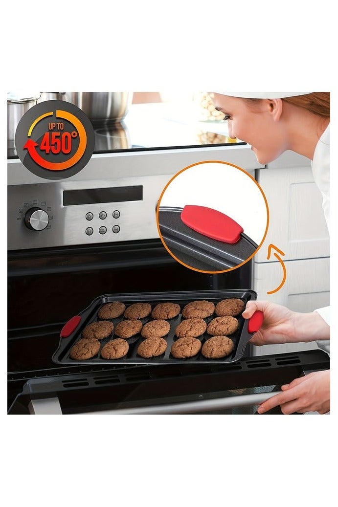 HOMESTAR 3pcs Set Of Carbon Steel Non Stick Kitchen Oven Baking Tray, Stylish And Non Stick Inside And Outside, Commercial Grade Restaurant Quality Metal Baking Tray With Red Silicone Handle, Baking Supplies, Kitchen Small Tools, Kitchen Accessories - Image 5