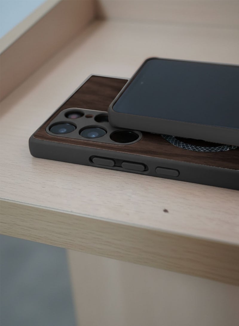 دبليو تيك غطاء خلفي قوي مضاد للصدمات مع مغناطيس Magsafe لهاتف سامسونج جالاكسي S24 ألترا 5G 2024 بنمط الخشب، غلاف من البلاستيك المقوى (MCMPMN) - خشب الأبنوس - Image 2