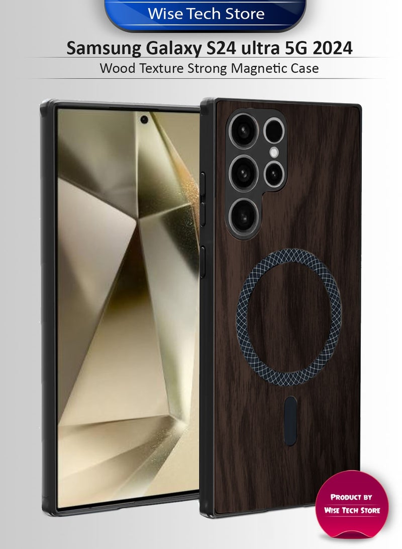 دبليو تيك غطاء خلفي قوي مضاد للصدمات مع مغناطيس Magsafe لهاتف سامسونج جالاكسي S24 ألترا 5G 2024 بنمط الخشب، غلاف من البلاستيك المقوى (MCMPMN) - خشب الأبنوس - Image 1