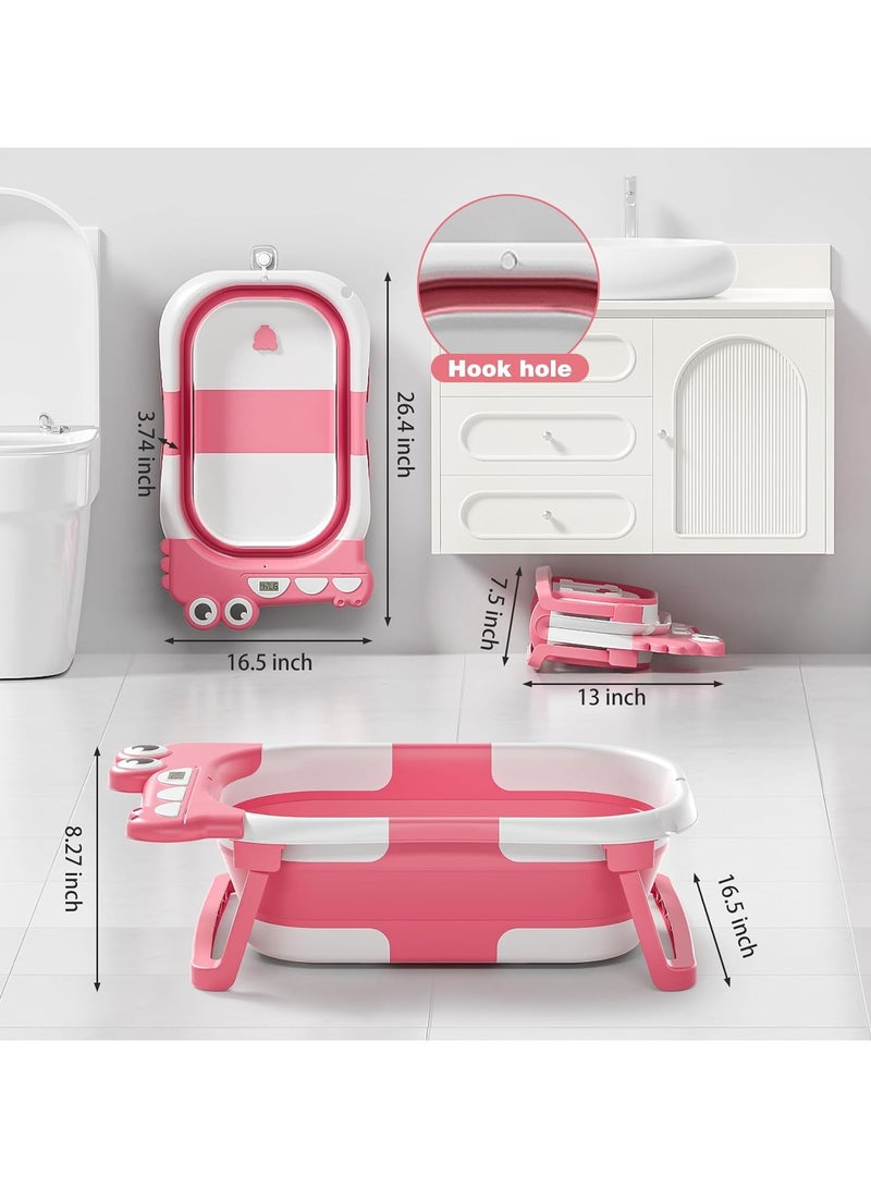 آي ميس يو حوض استحمام للأطفال حديثي الولادة، حوض استحمام قابل للطي مع ميزان حرارة ووسادة عائمة ناعمة وفتحة تصريف، أحواض استحمام محمولة للسفر للأطفال حديثي الولادة إلى الأطفال الصغار من سن 0 إلى 36 شهرًا، للبنات، وردي - Image 3