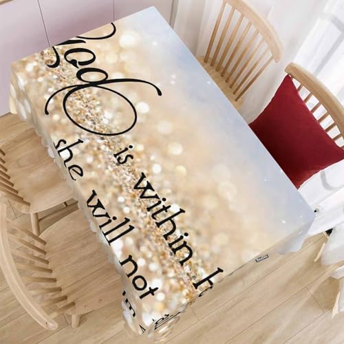 Beabes Bible Verse Decorative Table Cover for Kitchen, Oblong Tablecloth God is Within Her She Will Not Fall Dining Table Cloth Tabletop Tablecloths for BBQ Picnic Coffee 52"X70", Gold Sparkle - Image 2