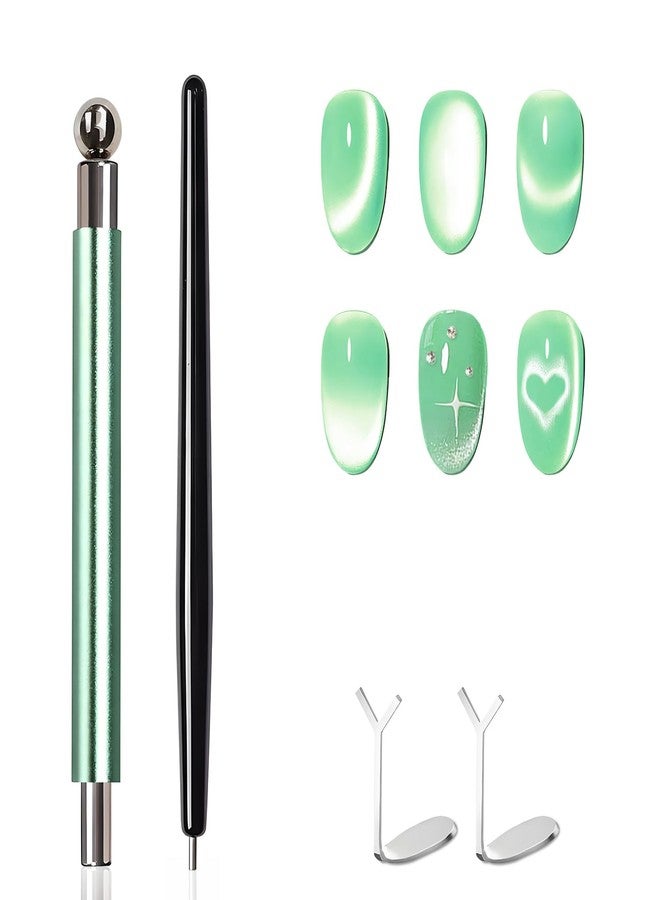 uadbau 4-Piece Cat Eye Magnet Set - Green Dual-Ended Nail Magnet With Round Bead, Heart Nail Magnets for Nail Art, and Black Magnetic Bead-Pickup Pen, Magnet for Cat Eye Gel Polish DIY Nail Designs - Image 1