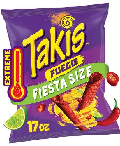Taki's Takis Fuego 17 oz Fiesta Size Bag, Hot Chili Pepper & Lime Flavored Extreme Spicy Rolled Tortilla Chips - Image 1