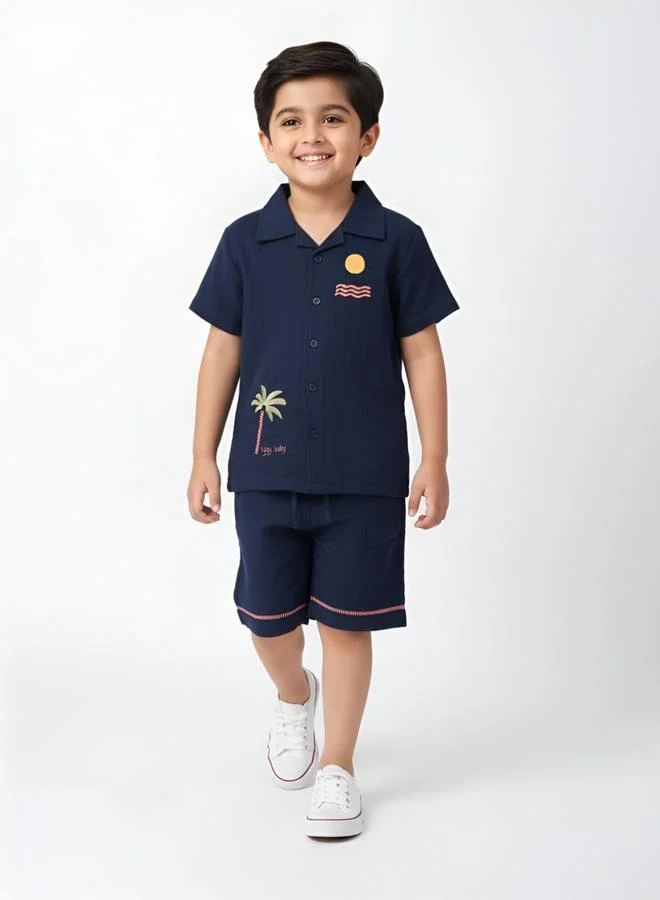 Bella Moda Boys Navy Blue Embroidered Short Sleeves Shirt And Shorts Set