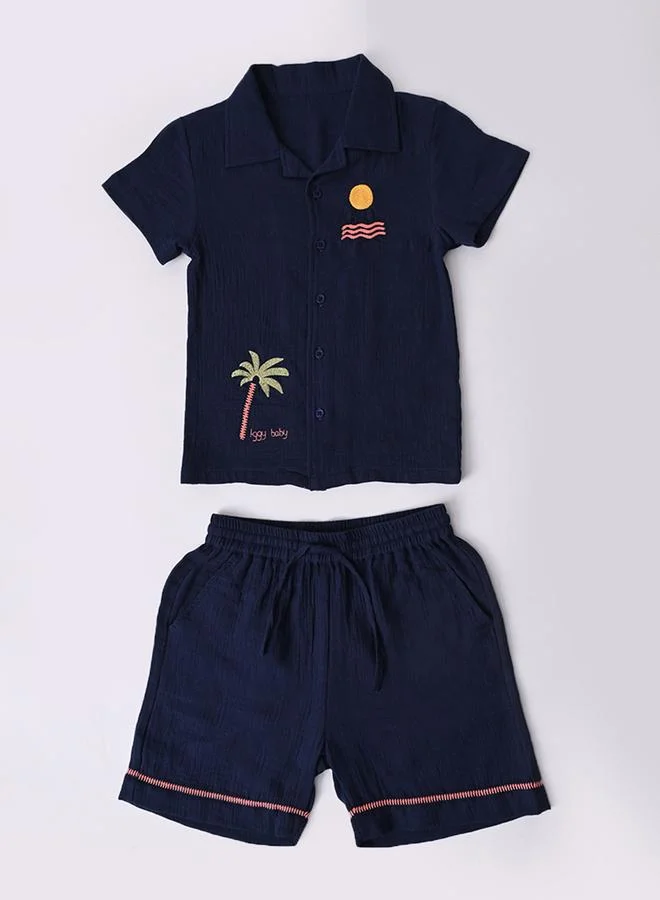 Bella Moda Boys Navy Blue Embroidered Short Sleeves Shirt And Shorts Set