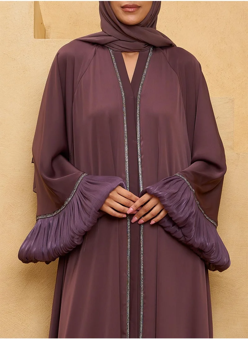 كوتور لابس Plum Flounce Sleeve Abaya with Sheila and Belt