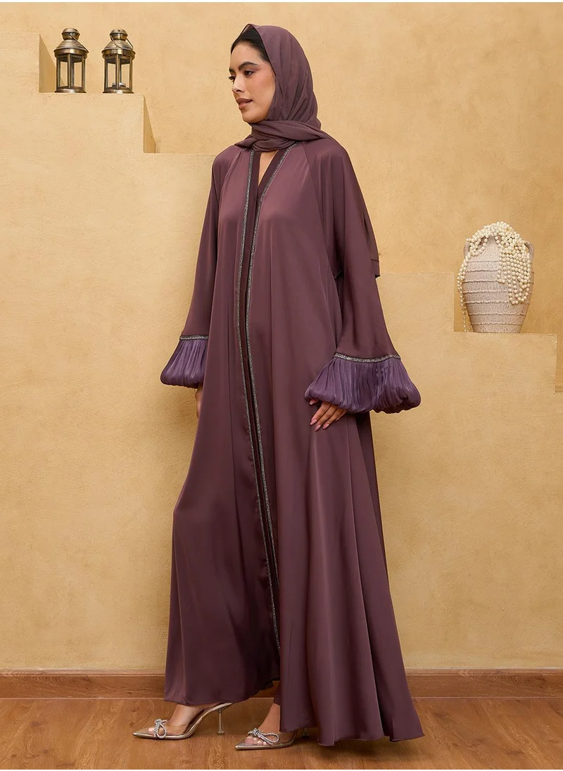 كوتور لابس Plum Flounce Sleeve Abaya with Sheila and Belt