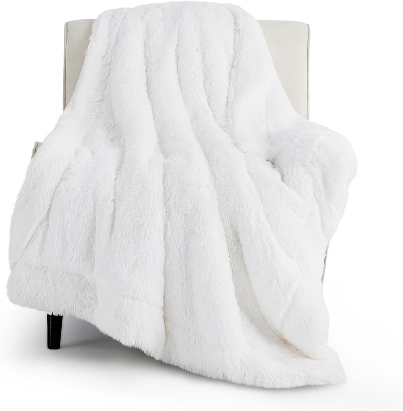 Moro Moro 3 Super Soft Faux Fur Reversible Sherpa Fleece Throw Blanket for Couch Sofa Bed - Thick Warm Fluffy Blanket for Gift, Plush Furry 125x150 Inches, White