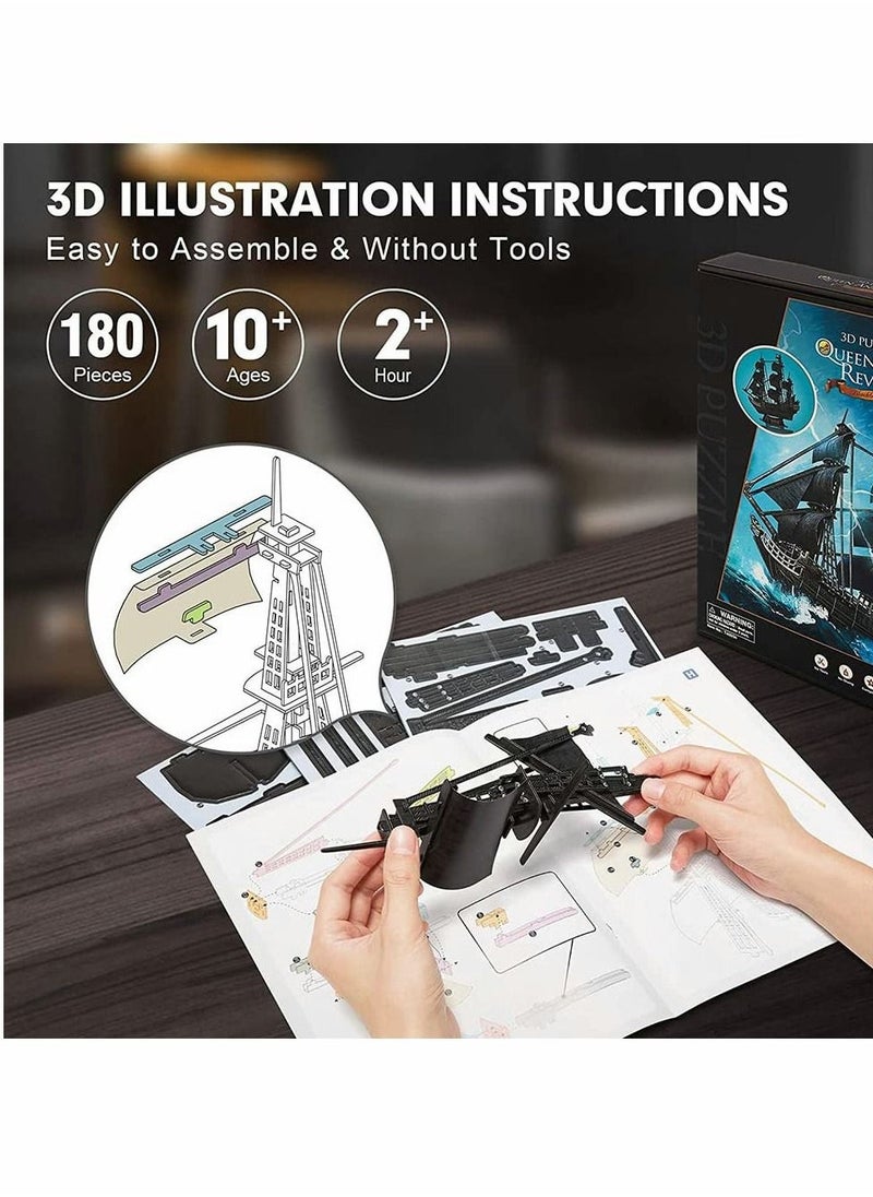 3D Puzzles for Adults Black Pirate Ship Model Kit, Third Generation Upgrade Queen Anne's Revenge Sailboat Building Kits Family Puzzle, Watercraft Desk Decor Gifts for Women Men, 180 Pieces - Image 2