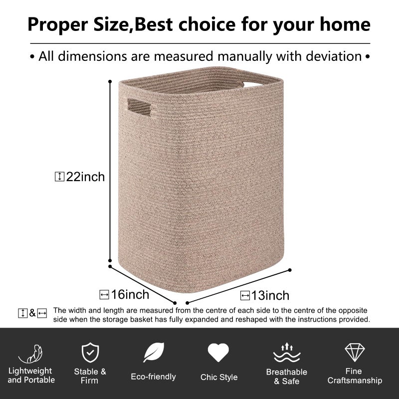 OIAHOMY Laundry Hamper, Rectangle Cotton Laundry Basket with Handles, Large Blanket Basket for Living room, Woven Decorative Storage for Toys,Clothes,Pillows-16x13x22in-Brown variegated - Image 3