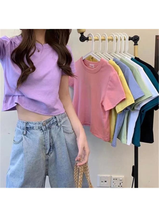 Song Feng Ya European Korean Style Cotton Navel Short Sleeve New Slim Look Tall Short Sleeve Top Women's Summer Design Sense T-shirt 