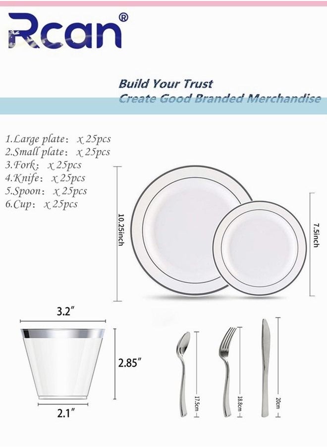 Rcan 150 Pcs/set Silver Upscale Wedding Dining Party Disposable Plastic Cutlery Set, Party Supplies Plate, Spoon, Fork, Knife, Cup, Party Tableware (25 Guest)  - Image 2
