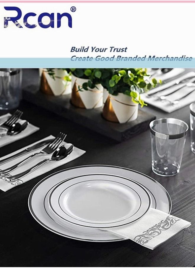 Rcan 150 Pcs/set Silver Upscale Wedding Dining Party Disposable Plastic Cutlery Set, Party Supplies Plate, Spoon, Fork, Knife, Cup, Party Tableware (25 Guest)  - Image 1
