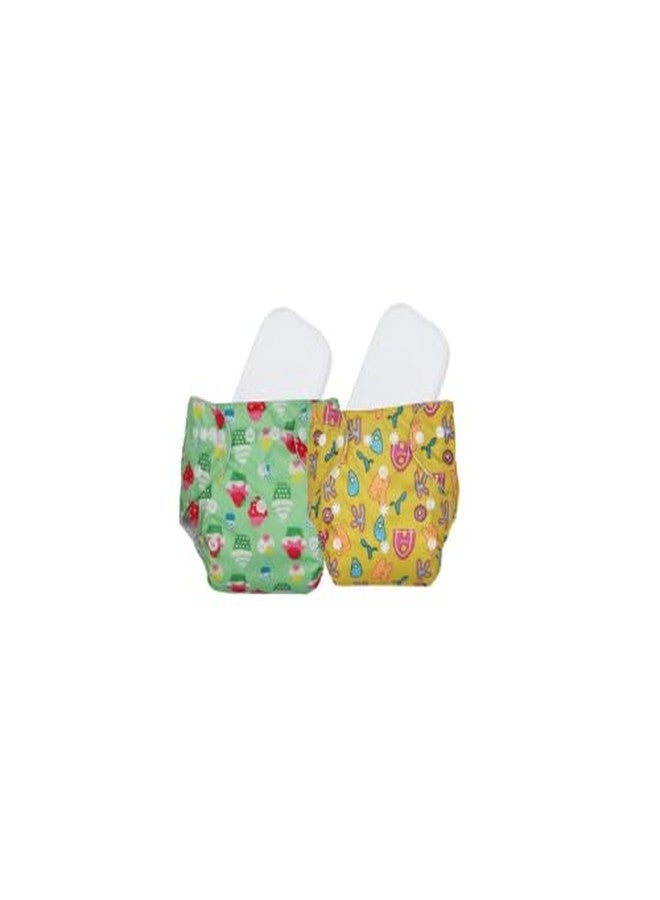 Laee cute Reusable Cloth Diaper with Inserts - Space & Cartoon Print (Pack of 2) (green+yellow) - Image 1