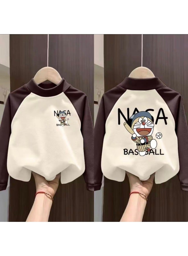 Children's Velvet Base Layer Shirt Winter Warm Top Trendy Autumn & New Style Boys Girls Raglan Splicing Long Sleeve T-shirt