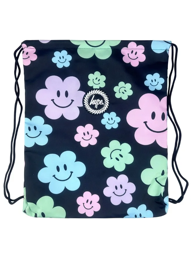 JUST HYPE Drawstring Sports Bag-  Black Happy Flowers
