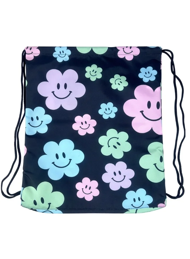 JUST HYPE Drawstring Sports Bag-  Black Happy Flowers