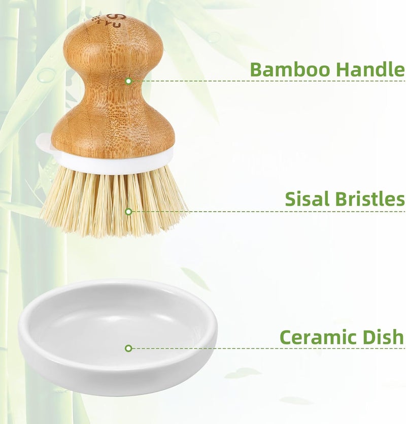 SUBEKYU Bamboo Dish Brush, Kitchen Dish Scrubber Brush, Natural Wooden Dishwashing Brush for Cleaning Dishes/Pans/Pots, Built-in Scraper, Sisal Bristles,1 Set - Image 5