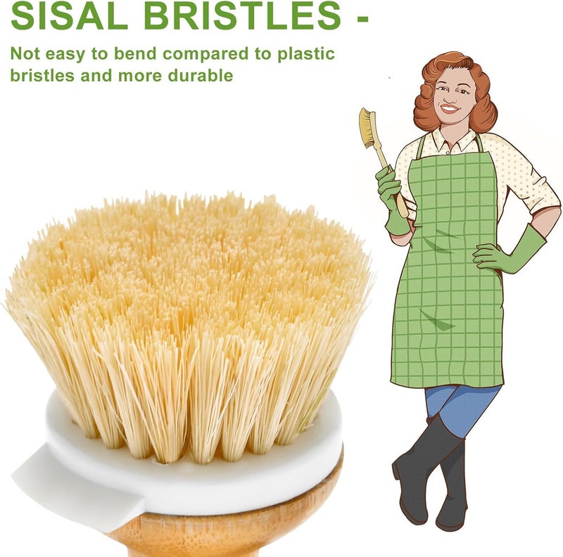 SUBEKYU Bamboo Dish Brush, Kitchen Dish Scrubber Brush, Natural Wooden Dishwashing Brush for Cleaning Dishes/Pans/Pots, Built-in Scraper, Sisal Bristles,1 Set - Image 2