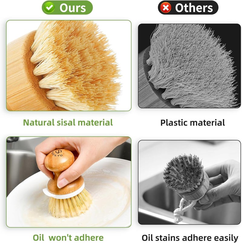 SUBEKYU Bamboo Dish Brush, Kitchen Dish Scrubber Brush, Natural Wooden Dishwashing Brush for Cleaning Dishes/Pans/Pots, Built-in Scraper, Sisal Bristles,1 Set - Image 4