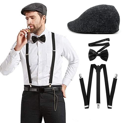 CLOTHERA Suspender and Premium Bow Tie Set with Flat/Golf cap for Men- Black - Image 1