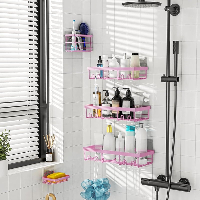 Moforoco Pink 5 Pack Shower Caddy Shelf Organizers Rack, Self Adhesive Black Bathroom Storage Organization, Home Kitchen No Drilling Inside Decor Rv Accessories, First Apartment Essentials… - Image 3