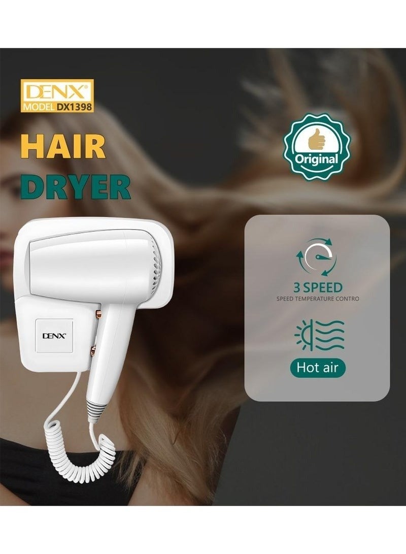 Denx Professional Wall-Mounted Hair Dryer: Compact, Lightweight, and Powerful 1250 W - No Drilling Required! Hot & Cold Settings, Automatic Shut-off, Moisture-Lock Technology, Quiet Operation - Image 3