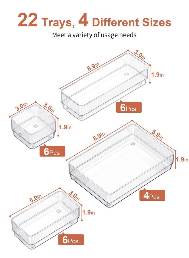 سمارت تايك منظم أدراج SMARTAKE مكون من 22 قطعة مع وسادات سيليكون غير قابلة للانزلاق، 4 صواني تنظيم أدراج مكتب شفافة بمقاسات مختلفة لتخزين مستحضرات التجميل والمجوهرات والأواني في خزانة غرفة النوم والمكتب والمطبخ، شفاف - Image 2