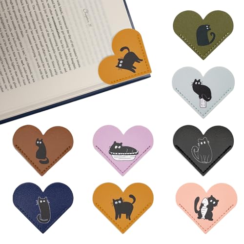 Yuoyar 8 Packs Leather Heart Book Marks for Reading Women - Cute Bookmarks for Book Lovers - Unique Gifts for Women (Cat) - Image 1
