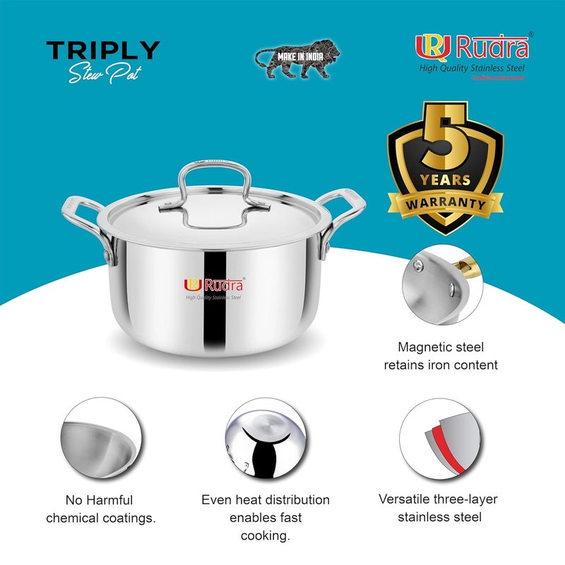 Rudra TriPly SAS SteelAluminiumSteel 3 Layers Stewpot Casserole Biryani Pot Stock Pot with SS Lid Silver RU9003 22 cm - Image 5