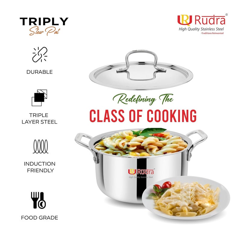 Rudra TriPly SAS SteelAluminiumSteel 3 Layers Stewpot Casserole Biryani Pot Stock Pot with SS Lid Silver RU9003 22 cm - Image 2