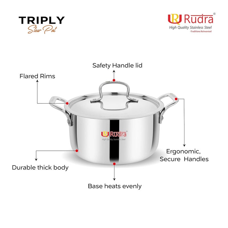 Rudra TriPly SAS SteelAluminiumSteel 3 Layers Stewpot Casserole Biryani Pot Stock Pot with SS Lid Silver RU9003 22 cm - Image 3