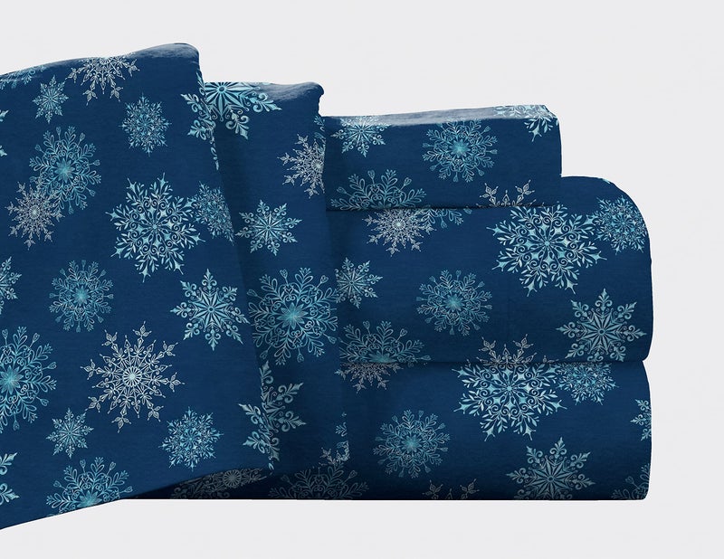 Pointehaven Flannel Deep Pocket Set with Oversized Flat Sheet King Snow Flakes Navy - Image 2