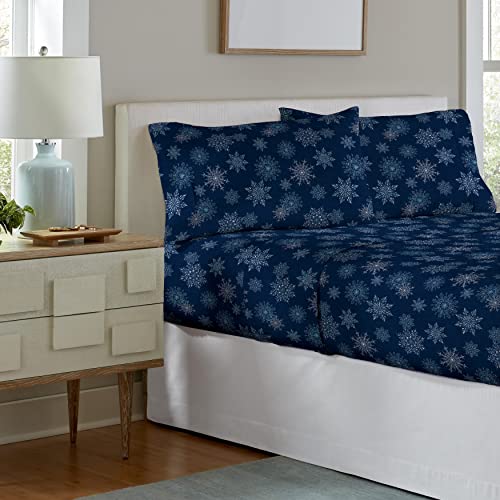 Pointehaven Flannel Deep Pocket Set with Oversized Flat Sheet King Snow Flakes Navy - Image 3