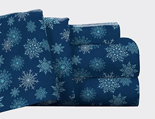 Pointehaven Flannel Deep Pocket Set with Oversized Flat Sheet King Snow Flakes Navy - Image 1