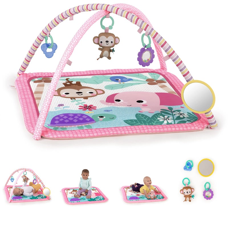 Orzbow Bright Starts Floral Safari Baby Activity Gym Machine Washable Play Mat with 4 Toys, Newborn and up - Pink and Purple, 32x32x18 Inch - Image 1