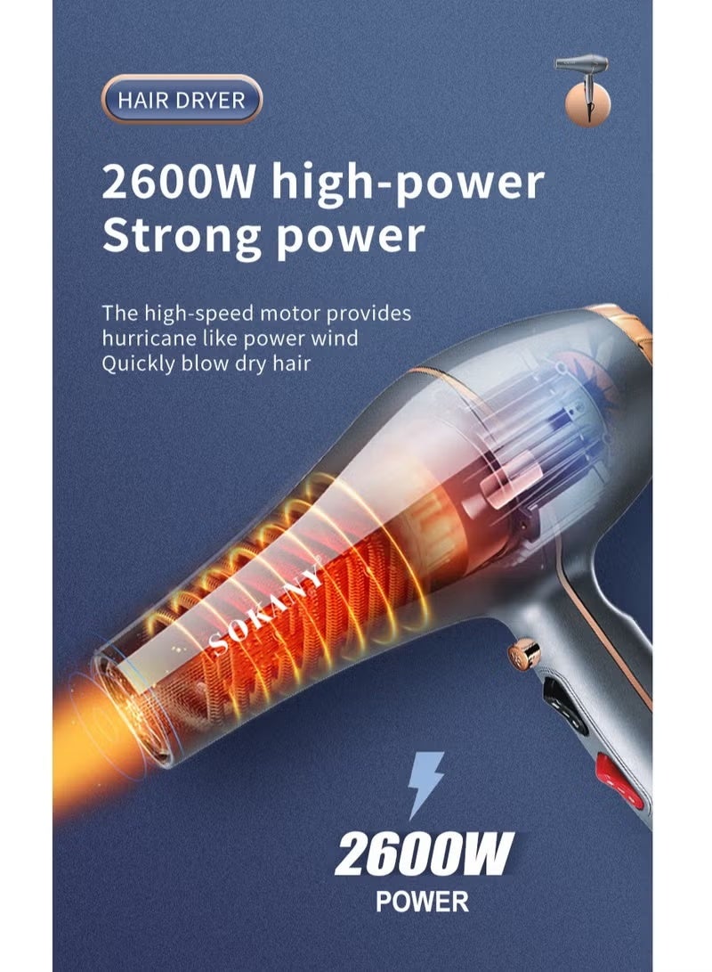 sokany Sk-8807 Professional Hair Dryer Grey/Gold High quality motor, ion hair dryer, high-speed silent hair dryer with hot and cold air function, all hair can be blown - Image 4