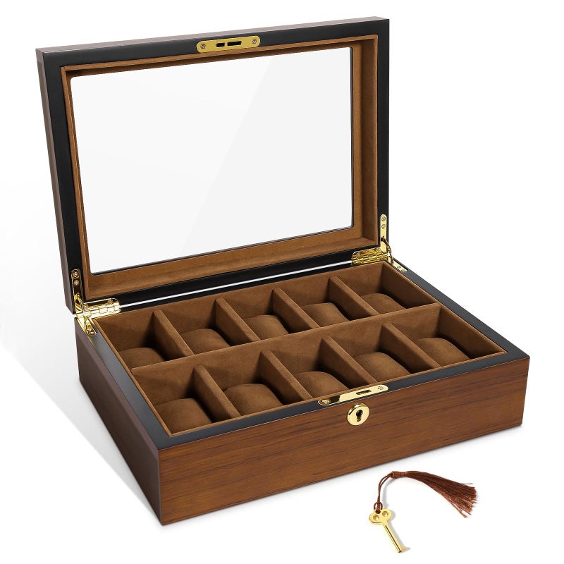 Uten Watch Box with 10 Slots Watch Case Organizer with Golden Lock and Key Wooden Watch Display Storage Box with Removable Watch Cushions Velvet Lining Metal Clasp Gift for Men Women