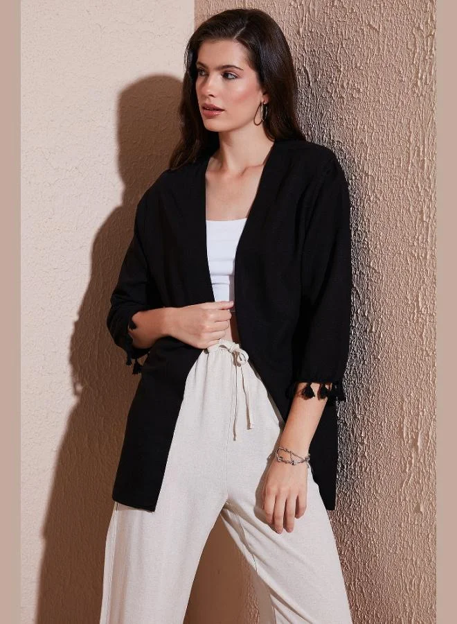 ليلا كارديجان كيمونو طويل نسائي من القطن والكتان بتفاصيل شراشيب وقصة عادية ليلى